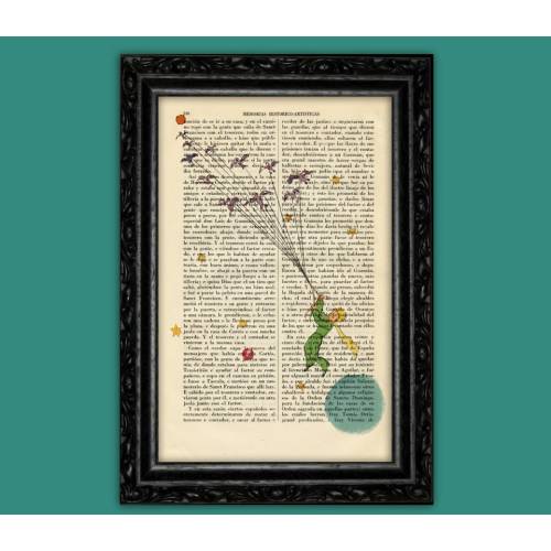 The Little Prince Flying with Birds – Book Art Print on Vintage Dictionary Page – Flying Away from His Asteroid Home (47-Nº8)