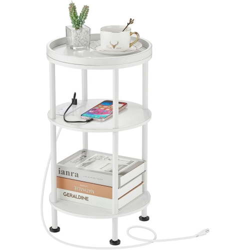 Small Round End Table with Charging Station, 3-Tier Accent Couch Beside Table with USB Ports & Power Outlets, Sofa Side Table for Living Room Small Nightstand Bedroom (USB Charger, White)