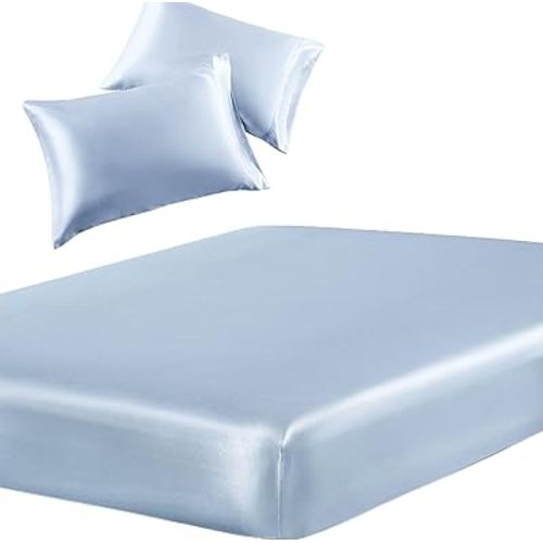 SiinvdaBZX 3-Piece Set Satin Full Fitted Sheet & 2 Pillowcase, Baby Blue Silky Soft Fitted Bottom Sheet, Wrinkle Free, Fade Resistant, Deep Pocket Bed Sheet (Deep Up to 15")