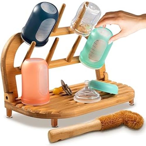 TEYGA Baby Bottle Drying Rack - Indestructible Bamboo Baby Bottle Rack Dryer, Pro-Earth Baby Bottle Holder & Baby Bottle Dryer Rack, Use as a Travel Baby Bottle Cleaning Kit as a Baby Bottle Organizer