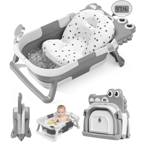 Foldable Baby Bathtub with Thermometer & Cushion, Portable Infant Tub for Newborn to Toddler, Durable & Drainable