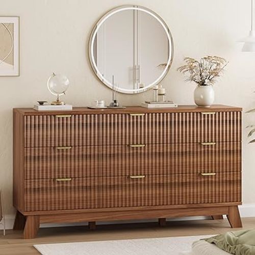 Fluted Dresser for Bedroom with 9 Drawers, 57" Wide Modern Chest of Drawers with Metal Handle, Wooden Dresser TV Stand, Wood Closet Clothes Storage Organizer for Living Room, Hallway, Walnut