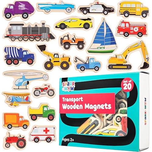 SPARK & WOW Wooden Magnets | Transport | Magnets for Kids Ages 2+ | Open-Ended Play | Adhere to Fridges, Whiteboards and More