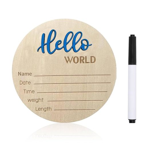 Baby Announcement Sign, ​5.9 Inch Wooden Hello World Newborn Signs, Birth Announcement Sign, Baby Shower Hospital Nursery for Newborn Boys and Girls (Blue,Pen)