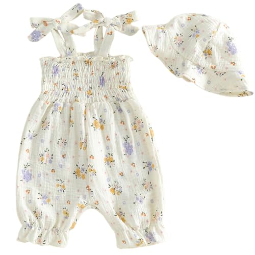 Mubineo Baby Girl Summer Clothes Cute Cotton Linen Romper Jumpsuit Sleeveless Smocked Rompers Sun Hat Comfy Boho Outfits