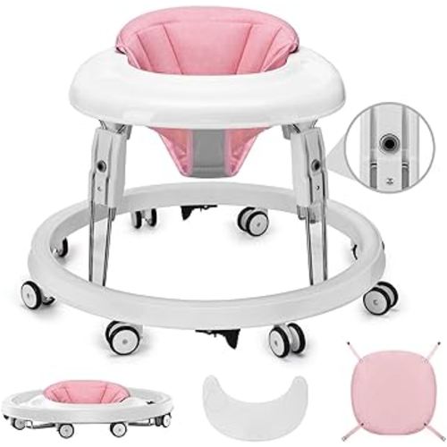 One-Touch Folding Baby Walker, Anti-Roll 8-Wheel Round Chassis, 7-Speed Height Adjustment, with Large Dinner Plate and Brake, 6-18 Months Baby Walker, Pink.