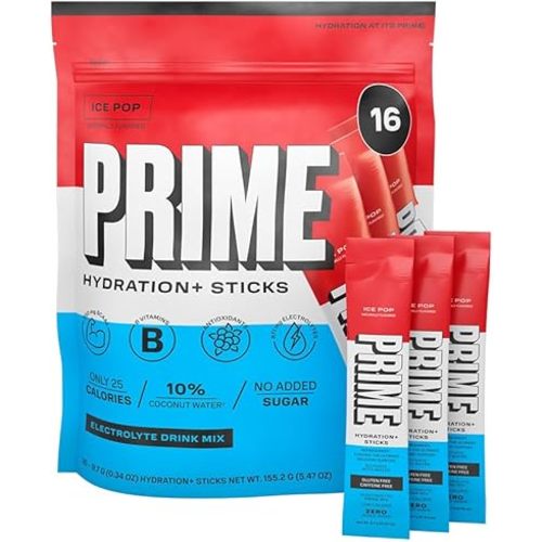 PRIME HYDRATION+ Sticks ICE POP | Hydration Powder Single Serve Sticks | Electrolyte Powder On The Go | Low Sugar | Caffeine-Free | Vegan | 16 Sticks