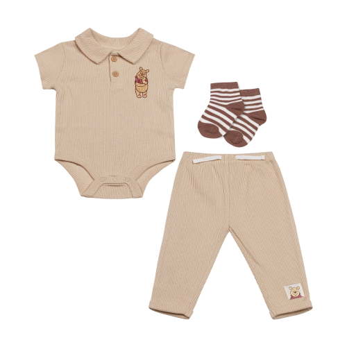 Disney Baby Boys 3-Piece Rib Pant Set – Short Sleeve Polo Bodysuit, Ribbed Jogger Pants & Socks – Mickey Mouse, Winnie the Pooh & Dumbo – Sizes (0-9M)