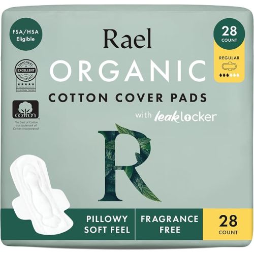Rael Organic Cotton Cover Sanitary Pads for Women Moderate (Regular, 28 Ct)
