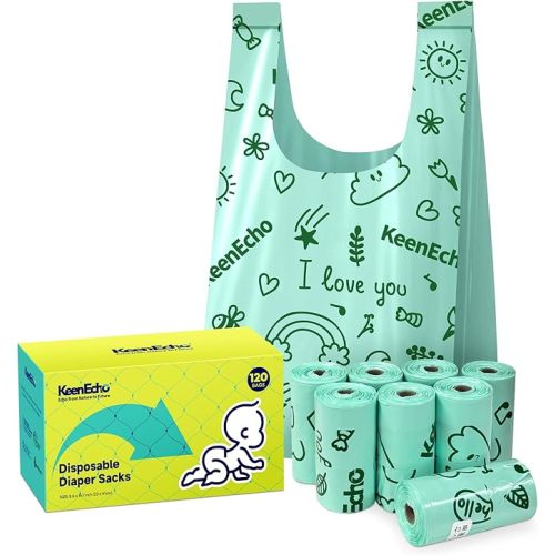 Disposable Diaper Bags with Handles 120 Count (8 Rolls), Unscented Leak-Proof Diaper Trash Bags & Sacks or Pet Waste Bag, Ocean Recycled Plastic, Green