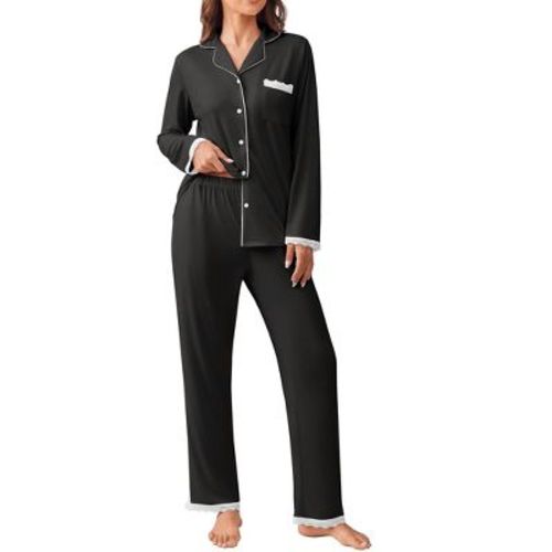 Ekouaer Womens Pajamas Set Long Sleeve Sleepwear Button Down Lounge Set 2 Pieces Soft Nightwear Lace Pjs Set Black M