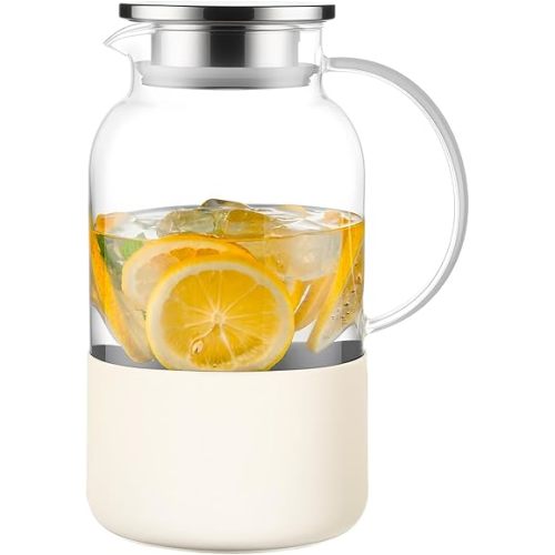 PARACITY Water Jug Water Pitcher with Silicone Base 61oz/ 1.8L, Hot& Cold Glass Pitcher with Lid and Handle, Glass Carafe with Lid for Coffee, Juice, Lemonade and Milk (Off-white base)