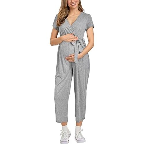 OUGES Womens Jumpsuit Dressy Casual 2024 Summer Short Sleeve Wrap V Neck Wide Leg Rompers with Pockets