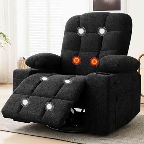 Swivel Rocker Recliner Chair, Recliner Single Sofa with Massage,Manual Nursery Rocking Chair with Side Pockets & Cup Holder, Modern Recliner with Heating for Living Room, Apartment(Black)
