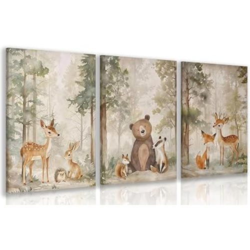 LLEEMPI Framed Woodland Nursery Wall Decor Set of 3, Cute Forest Animal Wall Art, Bear Fox Deer Watercolor Canvas Prints, Vintage Nature Poster Prints for Kids Bedroom Bathroom Playroom 16x24 Inch