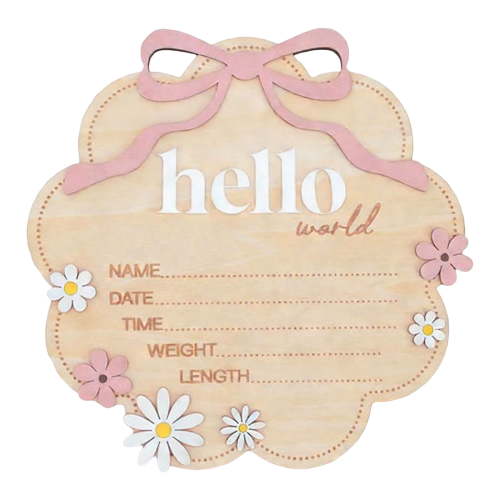 Hello World Wooden Baby Birth Announcement Sign with Pink Bow, Cloud Shape Floral Name Date Time Weight Length Board, Baby Girl Nursery Photo Prop