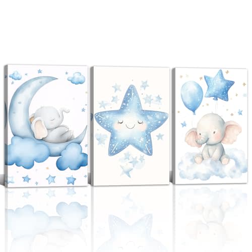Nursery Wall Art Baby Boy Wall Decor Blue Elephant Moon and Stars Painting Prints Cute Animal Canvas Poster for Kids Room Decor Framed(Baby-2,12L x 16W x 3Pcs)
