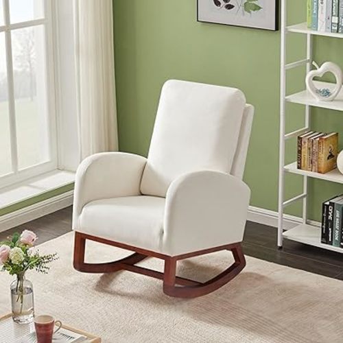 Setawix Rocking Chair for Nursery, Midcentury Modern Velvet Accent Rocker Armchair with Side Pocket, Upholstered High Back Wooden Rocking Chair for Living Room Baby Room Bedroom(Beige with Brown Leg)