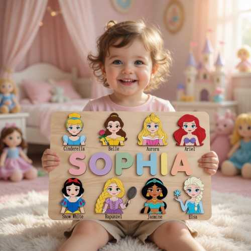 Personalized Princess Name Puzzle, Wooden Toddler Toy,Custom Name Sign Girl Room Decor,1st Birthday Gift for Daughter,Princess Theme Nursery