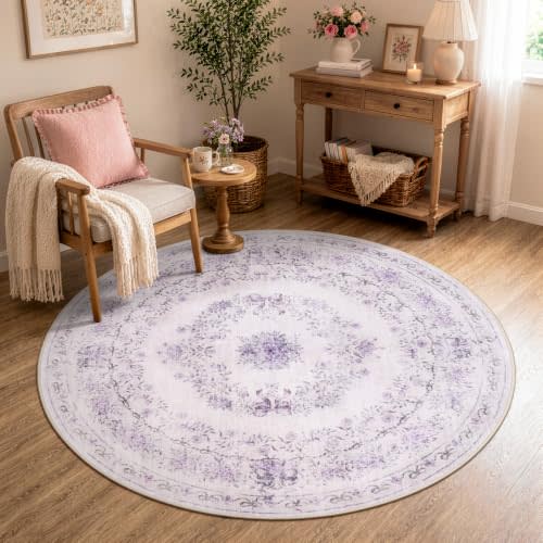 Wonnitar Purple Floral Bow 4ft Round Rug, Washable Rug for Bedroom | Non Slip Vintage Circle Rug for Entryway, Soft Low Pile Carpet for Living Room Nursery Kitchen Decor, Purple