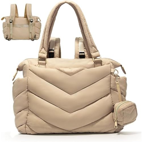 Diaper Bag Tote, Diaper Bag Backpack,Puffer Tote Bag with Pacifier Case, Lightweight Mommy for Hospital, Puffy with 10 Pockets, Convertible Baby for Travel, Apricot