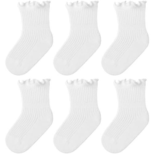 JAKIDAR Toddler Ruffle Socks for Baby Girls - 6 Pairs Soft Cotton Cute Frilly Ankle Socks for Infants Kids Girls