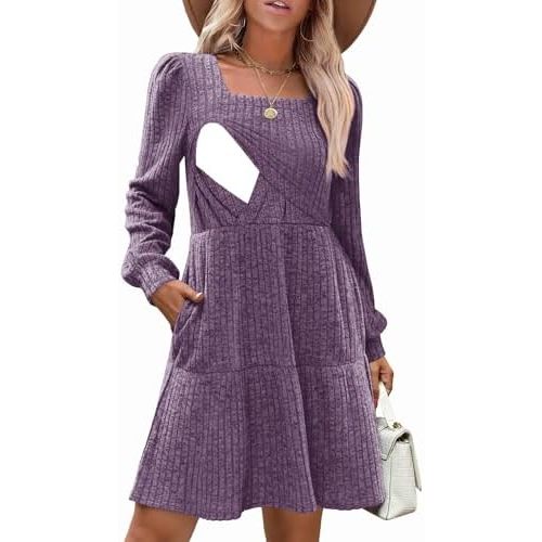 CzzzyL Womens Nursing Fall Dresses Square Neck Babydoll with Pockets