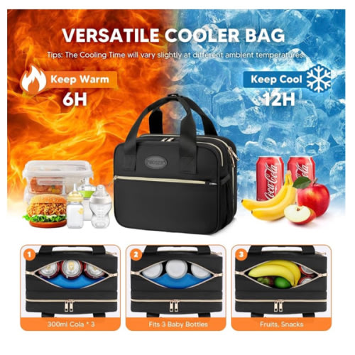 PIIOSER Breastmilk Cooler Bag with Ice Pack, Compatible with Wearable Breast Pumps & Accessories - Portable Pumps Carrying Case for Nursing & Working Moms, Black