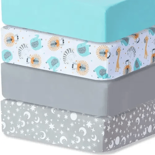 Bimocosy Baby Crib Sheets for Boys, Fitted Crib Sheet 4 Pack for Standard Crib and Toddler Mattresses, Super Soft Breathable Microfiber Baby Sheet 28x52x8in, Stars/Woodland Animals/Grey/Green