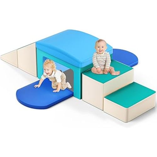 Indoor Soft Foam Climber Play Sets, 6 Pcs Crawl and Climb Foam Play Set for Toddlers 1-3, Toddler Climbing Toys Indoor with Slide Stairs and Ramp Indoor Climbing Toys (White Blue)