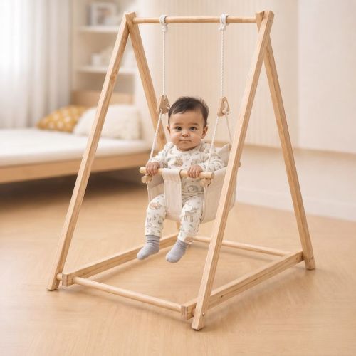 Avenlur Spruce Baby Swing, Foldable Wooden Indoor Swing with Stand, Montessori swing 6-36 months; foldable baby swing (Beige)