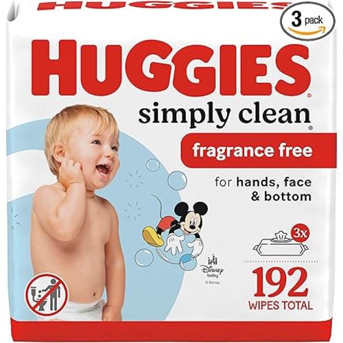 Huggies Simply Clean Unscented Baby Diaper Wipes, 3 Flip-Top Packs (192 Wipes Total), Packaging May Vary