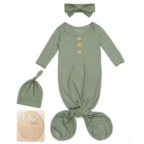 Baby Noah Newborn Knotted Gown, Ultra-Soft Silky Long Sleeve Sleeper, Unisex Coming Home Outfit Set With Wooden Name Sign