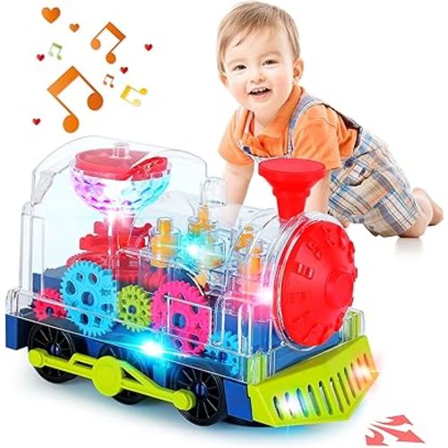 Light Up Train Toys for Toddler,Interactive Autism Sensory Toys with Colorful Moving Gears, Music and LED Light,Fun Crawling Infant Tummy Time Toys for Kids Boys Girls 6-12-18-36 Months Age 1 2 3 4 5