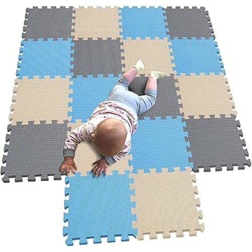 MQIAOHAM children puzzle mat play mat squares play mat tiles baby mats for floor puzzle mat soft play mats girl playmat carpet interlocking foam floor mats for baby blue beige grey 107110112