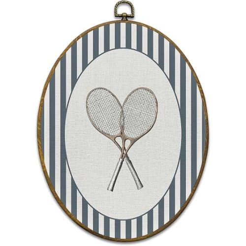 Tennis Sports Nursery Wall Art Decor, Sports Framed Canvas Prints 8.6x11.4, Blue Striped Tennis Racket Oval Wall Hanging Artwork Decorations for Kids Boy Nursery Room Bedroom Playroom