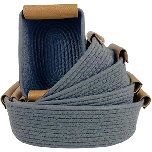 5-Piece Woven Rope Storage Basket Set - Sturdy cotton rope basket Organizer Bins for Shelves, Pantry, Bathroom, Nursery & Bedroom Decor Grey Basket