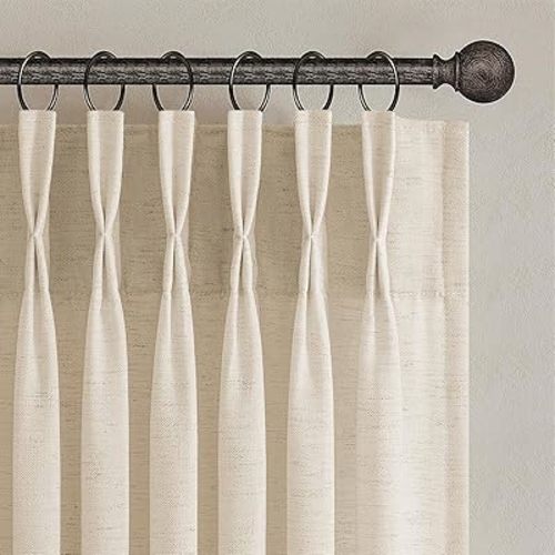 Topfinel Sand Beige Pinch Pleated Linen Curtains 84 Inch Length 2 Panels for Bedroom Living Room Textured Semi Sheer Window Curtain Boho Neutral Back Tab Pinch Pleat Drape with Hooks 84 Inches Long