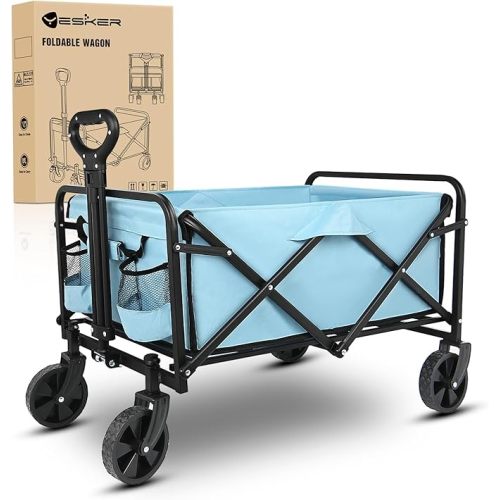 Yesker Foldable Wagon - 220lbs Collapsible Garden Carts with All Terrain Wheels for Outdoor Camping Sports Shopping Gardening - Heavy Duty Portable Utility Trolley (Black)