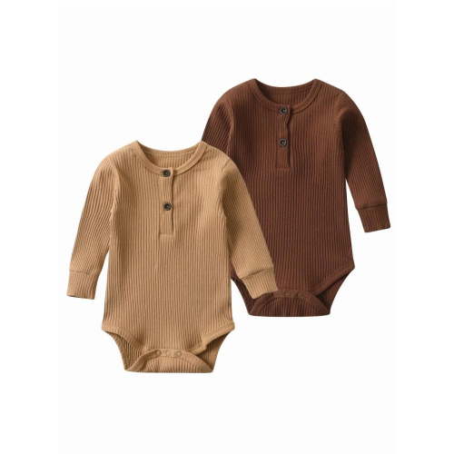 Baby Girl Boy 2 Pack Solid Long Sleeve Romper Bodysuit Clothes Brown & Khaki 3-6 Months