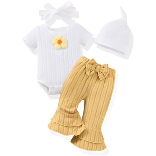 Renotemy Preemie Newborn Baby Girl Clothes Infant Short Sleeve Romper Summer Outfits Gifts for Girls Bell Bottoms Pants Set