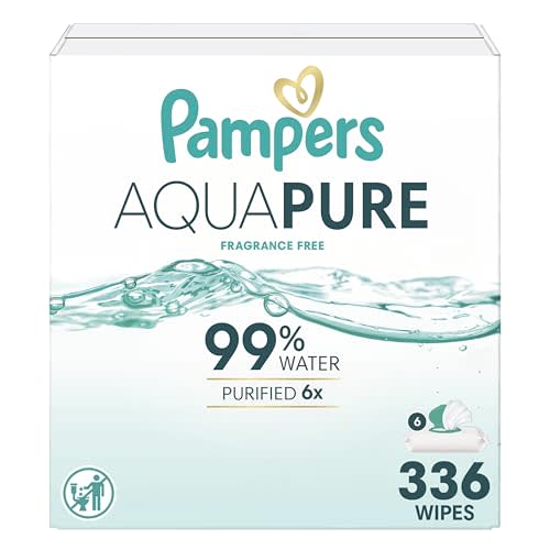Pampers Aqua Pure Baby Wipes, 99% Water, Fragrance Free, Unscented, Water Based, Multi-Use, 336 Wipes Total (6X Flip-Top Packs) [Packaging May Vary]