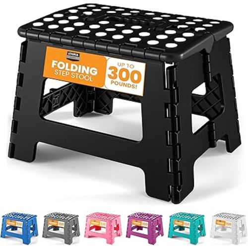 Utopia Home Folding Step Stool with Handle – 9 Inch Anti Slip Collapsible Stool – Holds Up to 300 lbs – Sturdy Plastic Step Stool Foldable for Kitchen, Bathroom and Home Use (1-Pack, Black)