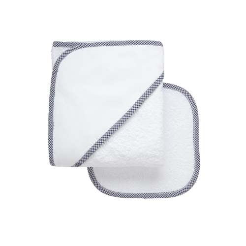 Small Check Trim Baby Hooded Towel & Washcloth Set, Navy