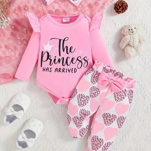 European And American Baby Girl Crown Letter Print Flying Sleeve Long Sleeve Shirt + Full Print Leopard Heart Long Pants + Headscarf Three Piece Set, Perfect for Outdoor