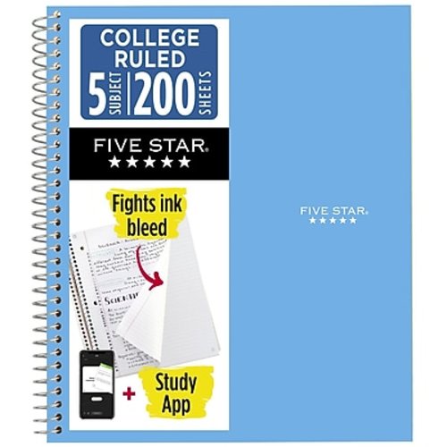 Five Star Five Star with Study App 5-Subject Subject Notebooks, College Ruled, 200 Sheets, Blue (820004NH0-ECM26)