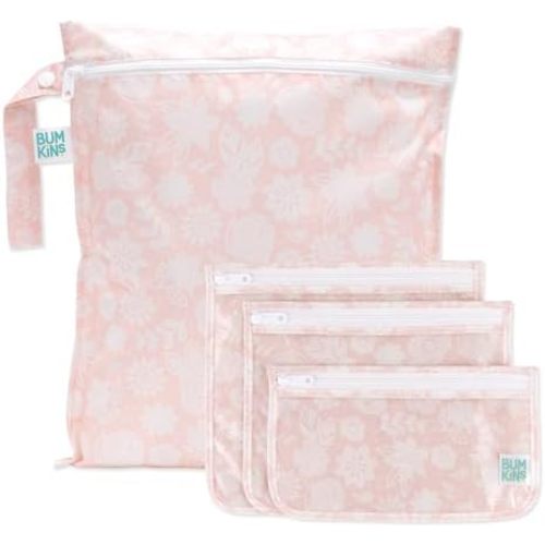 Bumkins Wet Bag and 3-Pack Clear-Sided Travel Pouches, Waterproof Organizer for Toiletries, Gym Clothes, Swim Gear, Shoes, Accessories, TSA Compliant Packing Set - Pink Lace - 4 Pack