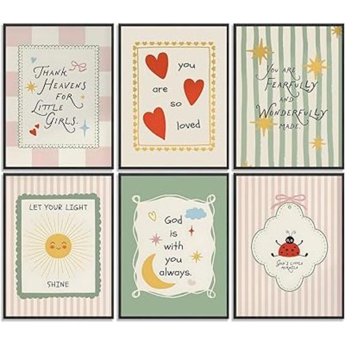 6Pcs Bible Verse Wall Art Girls Room Posters Prints Christian Scripture Wall Decor Girls Nursery Stripes Paintings Pictures for Living Room Bedroom Baby Room Home Decoration 12x16in Unframed