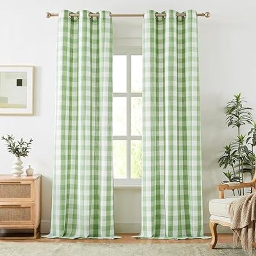Jubilantex Buffalo Check Semi Sheer Curtain Panels Green and White Gingham Curtains Farmhouse Style Grommet Top for Living Room Bedroom 40"x95",2 Pcs