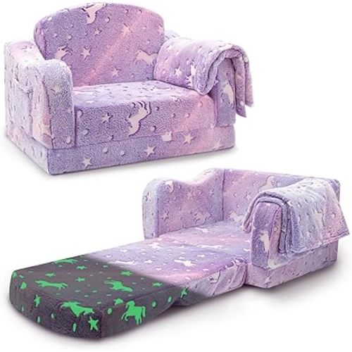 Comfy Toddler Couch and Chair for Kids with Blanket, 2-in-1 Soft Plush Fold Out Kids Sofa Chairs for Girls and Boys, Convertible Sofa to Lounger for Playroom